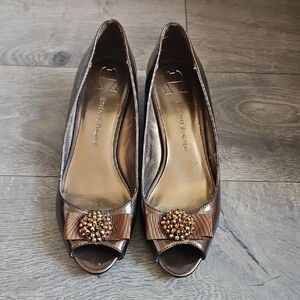 Etienne Aigner - NWOT - Women's Bronze Peep Toe Wedge Heels - Size 8